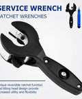 Service wrench displaying reversible ratchet function and tilting head design for increased utility and flexibility