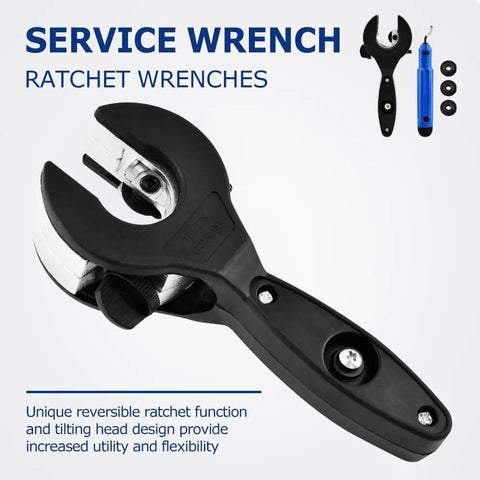 Service wrench displaying reversible ratchet function and tilting head design for increased utility and flexibility