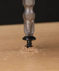 Close-up of Heavy Duty 8 By 3 8 Truss Head Wood Screws With Phillips Recess 304 Stainless Steel self-tapping into wood.