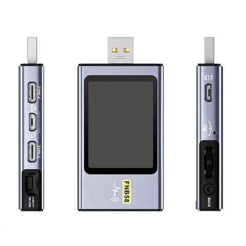 Front and side view of USB Power Multimeter With 2 Inch HD LCD Display And Bluetooth App, Type C Voltage Tester.