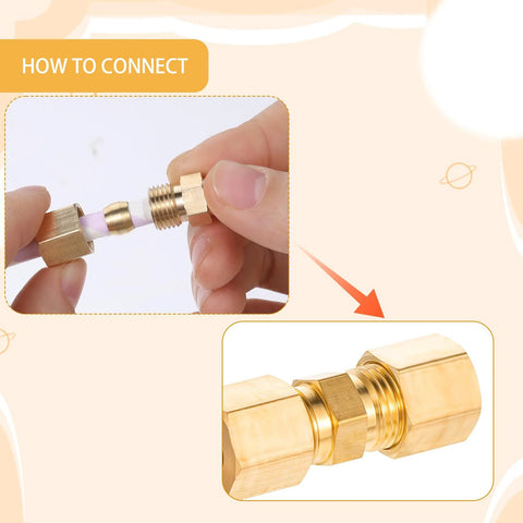 2-pack brass compression tube fittings, 1/4" OD, for refrigerator water lines; close-up assembly and installed view.