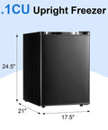 Compact 2.1 Cubic Foot Upright Freezer Featuring Precision Temperature Controls And Sturdy Removable Shelves side view with dimensions.