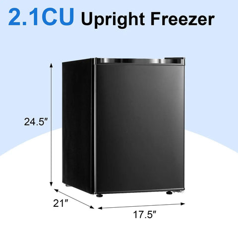 Compact 2.1 Cubic Foot Upright Freezer Featuring Precision Temperature Controls And Sturdy Removable Shelves side view with dimensions.