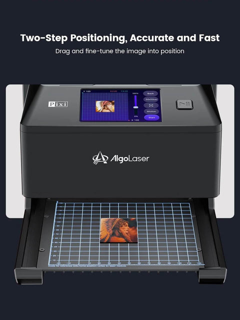AlgoLaser 10W portable laser engraver with 3.5-inch touchscreen, dark gray body and grid engraving bed