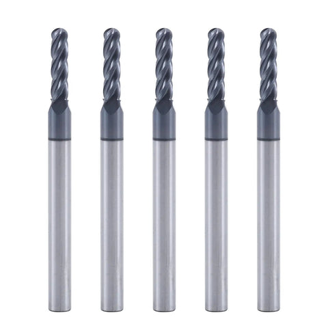 Five Carbide Ball Nose End Mill Bit 3/32 Inch Diameter 1/8 Inch Shank Four Flute CNC Router Bit For Hardened Steel Wood Aluminum AlTiN Coating