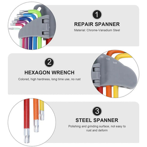 Rock Solid 9 Pcs Colored Hex Key Wrench Set With Long Arms For DIY Repairs And Emergencies, Perfect Multi Function Steel Hand Tools To Spice Up Your Toolkit And Save Time On Any Job Around The Shop Or Garage, color-coded chrome-vanadium steel hex keys