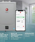 Ikonic Rectgh SR11iN Tankless Gas Water Heater with Recirculation next to smartphone displaying digital control settings