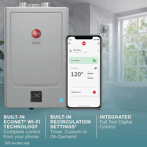 Ikonic Rectgh SR11iN Tankless Gas Water Heater with Recirculation next to smartphone displaying digital control settings
