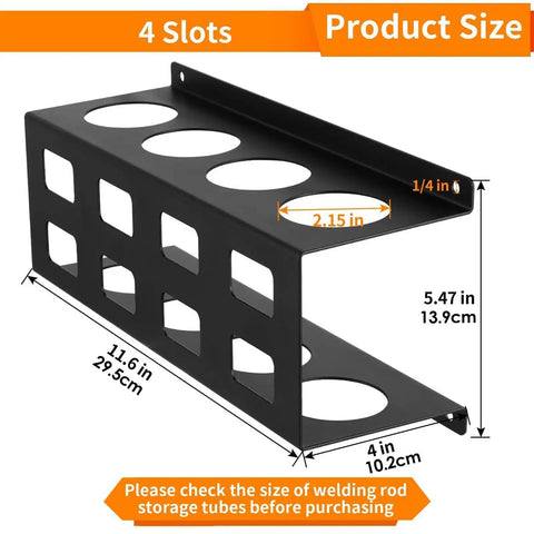 Welding Electrode Storage Wall Mount Organizer With Four Tube Rod Rack showing size and dimensions.