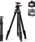 Lightweight Travel Tripod For Camera And Phone, 63 Inch Aluminum With Arca Ball Head, ultra portable 2.6 lb tripod, foldable design.