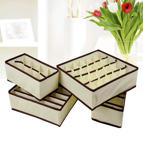 Super Slick Non Woven Drawer Dividers Keep Bras And Underwear Super Tidy In This 4 Piece Lingerie Closet Storage Set, beige and brown panels.