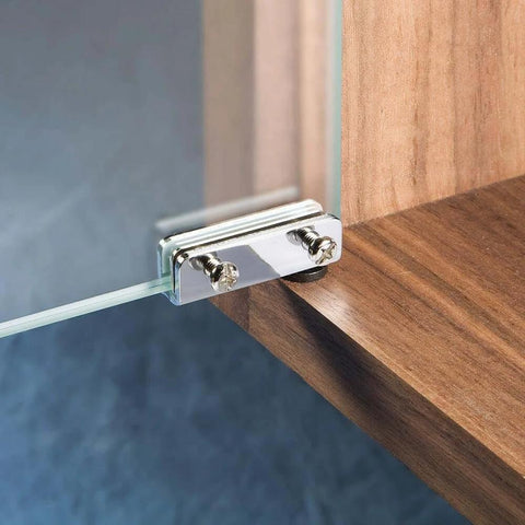 Satin Black Glass Door Pivot Hinge Pair for free swinging glass doors installed on a frameless glass and wood setup.