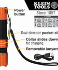 Rechargeable Pocket Flashlight With Dual-Direction Clip, 275 Lumen High Power, showing features like power button, lanyard.