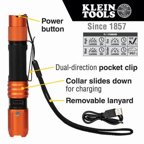 Rechargeable Pocket Flashlight With Dual-Direction Clip, 275 Lumen High Power, showing features like power button, lanyard.
