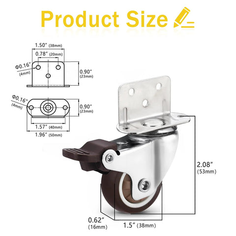 1.5 Inch Swivel Plate TPE Caster Wheels Pack Of 4 With Brake Low Profile L Bracket Casters shown with dimensions and brake