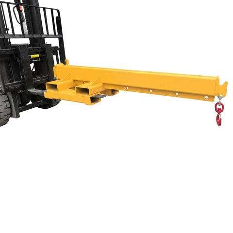 Industrial Grade 5 Ton Forklift Telescopic Bidirectional Jib Boom With Slick Two Way Pivot For Swallowing Steel Pipes And Killing Grunt Work On Tight Sites, yellow crane extension with dual hooks.