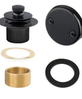 Matte Black Lift and Turn Tub Drain Stopper Kit With Two-Hole Overflow Faceplate No-Putty Gasket Universal Fine or Coarse Thread Tub Conversion Set Easy Install for a Leak-Free Modern Bathroom, showing components including stopper, overflow plate, and gaskets.