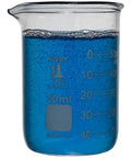 Lab Style Shot Glass Set With Six Pieces Including Three Beakers And Three Erlenmeyer Flasks, 50ml Each glass beaker with blue liquid
