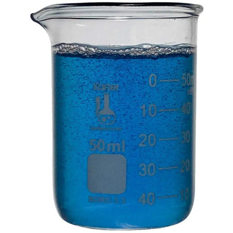 Lab Style Shot Glass Set With Six Pieces Including Three Beakers And Three Erlenmeyer Flasks, 50ml Each glass beaker with blue liquid