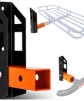 Beefy Steel Hitch Wall Mount Foldable Garage Saver For 2 Inch Receiver Easy Grip shows a sturdy black and orange mount for bike racks.