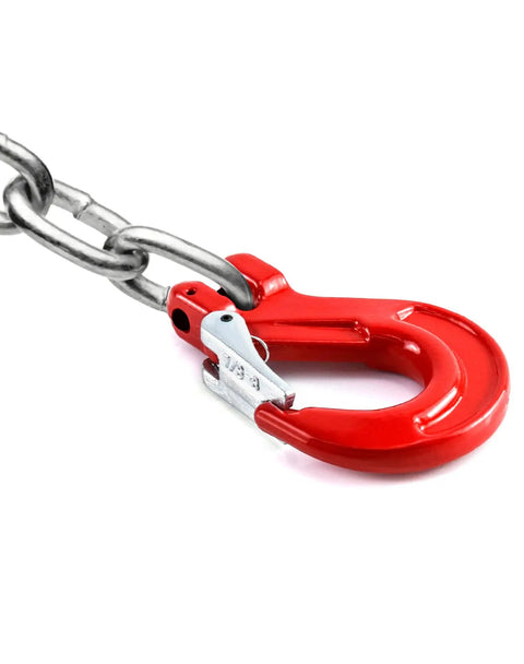 Three Eighths Inch Safety Clevis Slip Hook With Latch, 4400 Lb Working Load, attached to chain, Grade 80 Drop Forged Alloy Steel