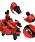 Rock Solid Top Tier Hydraulic Disc Brake Set Featuring Two Way Paddle Levers And Sturdy Aluminum Alloy Calipers For Front Rear Mountain Bike Ebike Setup Ready To Roll In Bright Red Finish close-up view of caliper with details.
