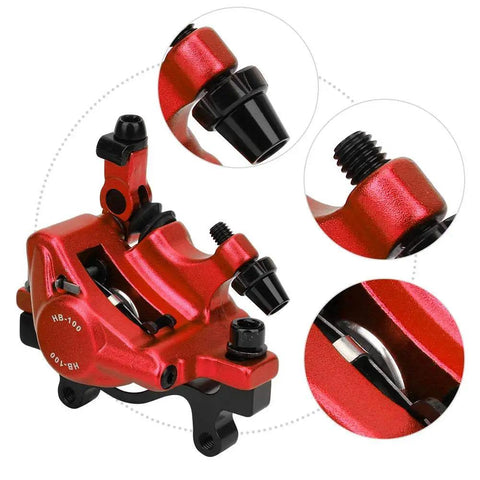 Rock Solid Top Tier Hydraulic Disc Brake Set Featuring Two Way Paddle Levers And Sturdy Aluminum Alloy Calipers For Front Rear Mountain Bike Ebike Setup Ready To Roll In Bright Red Finish close-up view of caliper with details.