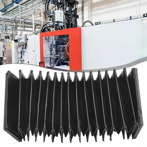 Built Tough Flexible Telescopic Protective Cover For CNC Linear Guides shown in a factory setting, black color, bellows design