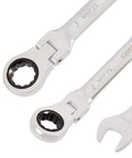 Close-up of chrome vanadium wrenches, 72-Tooth Ratcheting Wrench Set with 180 Degree Flexible Heads, 5 Piece Metric Set