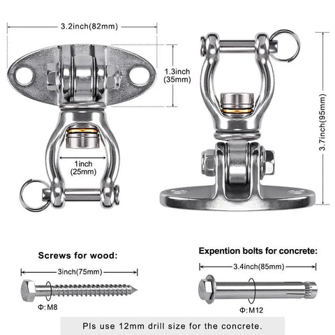 Dimensions and components of Silent Bearing Swivel Swing Hangers Stainless Steel Ceiling Mount Bracket For Aerial Yoga Silks, 2 Pack.