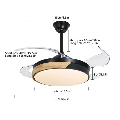Ceiling Fan with Light 42 Inch Modern Round Chandelier Wireless Control, dimensions showing parts for installation.