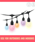 48Ft Color Changing Outdoor String Lights With Weatherproof Design No Fuss Adapter Included Control Via Connected App And Voice Control Easy WiFi Setup For Smart Home Ambience hanging against a white background.