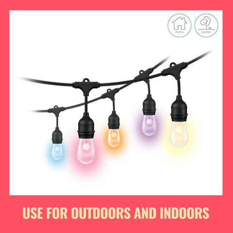 48Ft Color Changing Outdoor String Lights With Weatherproof Design No Fuss Adapter Included Control Via Connected App And Voice Control Easy WiFi Setup For Smart Home Ambience hanging against a white background.