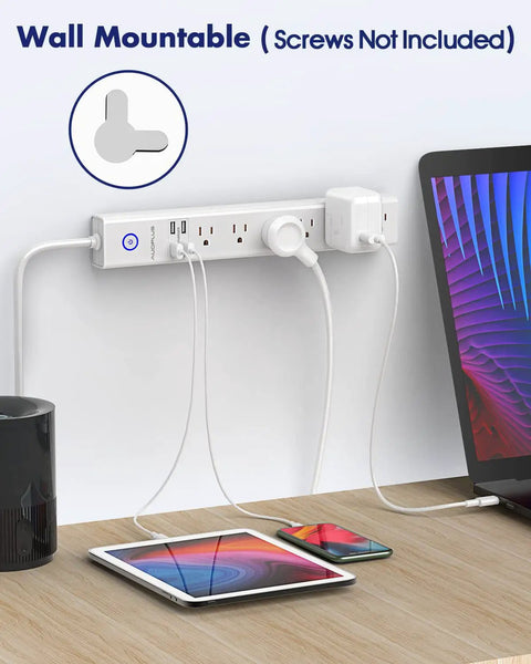 2 Pack Power Strip Surge Protector With 6 Outlets And 4 USB Ports, 6 Foot Flat Plug Extension Cord in use, wall-mounted next to a desk