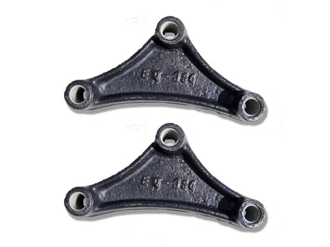 Tandem Trailer Axle Suspension Rebuild Kit With Six And One Eighth Inch Equalizers And Greaseable Shackle Bolts Ready To Roll For Eye To Eye Springs Replacement SHKTAWB356E, showing two black metal equalizers for trailers.