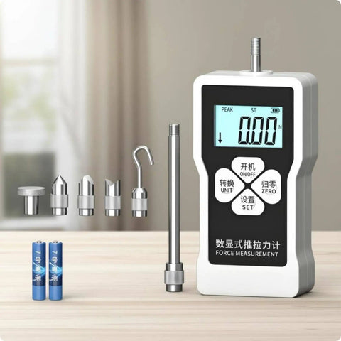 Portable Digital Push Pull Force Gauge For Tension And Compression Testing, AA Powered Dynamometer With Peak Hold Mode, Unit Conversion Between N Kg And Lb, Compact On The Go Handheld Gauge For Field Work, with probes and 2 AA batteries