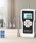 Digital Push Pull Force Gauge With Backlit Display And Peak Hold Pro Grade Tension And Compression Tester Unit Conversion In N Kg Lb 5N Capacity Portable AA Powered One Hand Operation Readouts, with AA batteries and adapters