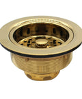 Post Style Large Kitchen Basket Strainer With Waste Disposal Flange And Stopper, polished brass finish, side view