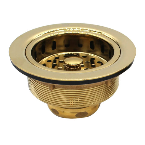 Post Style Large Kitchen Basket Strainer With Waste Disposal Flange And Stopper, polished brass finish, side view