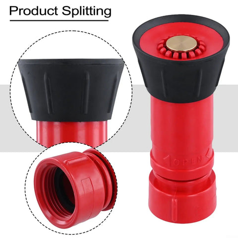 Badass Heavy Duty 1 Inch Fire Hose Nozzle Slick Red Thermoplastic Design showing adjustable mist control and threaded connection.