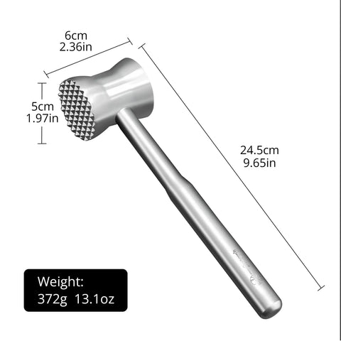 Heavy Duty Stainless Steel Meat Tenderizer Hammer With Textured Pyramid Surface, ergonomic grip, dimensions and weight shown