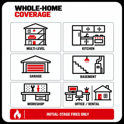 Whole-home coverage graphic showing fire safety areas: multi-level, kitchen, garage, basement, workshop, office, and rental.