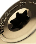 Close-up of SDWS Exterior Timber Screws with washer head, sawtooth point, tan finish, letter markings visible, outdoor wood fasteners.