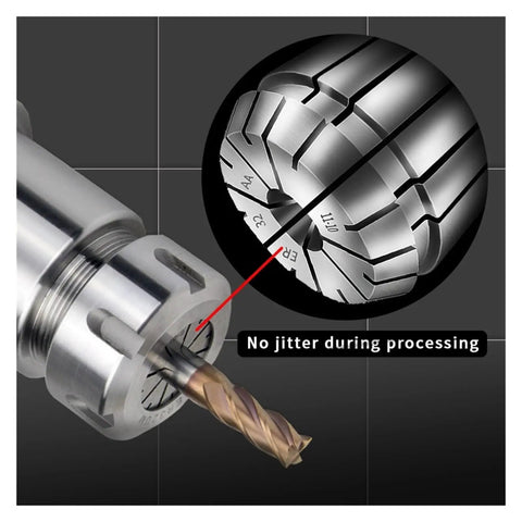 High Precision Spring Collet Set For Milling Tapping And Carving With Durable Steel Construction To Hold Tools Securely In ER11 ER16 ER20 And ER25 Sizes For Your Workshop Projects Today, showing steel collet with drill bit.