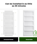Sliding Barn Door 32 By 84 Inches White MDF With Waterproof PVC Surface 5 Panel Design unassembled and assembled view