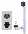 No Fuss Matte Black Tub Drain Kit With Overflow Tube Fitting Every Bathtub Smooth Drip Free Plumbing Upgrade Easy Swap In Replacement, showing dimensions.