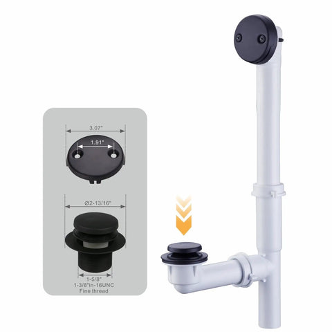 No Fuss Matte Black Tub Drain Kit With Overflow Tube Fitting Every Bathtub Smooth Drip Free Plumbing Upgrade Easy Swap In Replacement, showing dimensions.