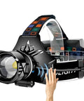 Rechargeable LED Headlamp With Ultra Bright 120000 Lumens, 9000mAh Battery, showing motion sensor and hand activation