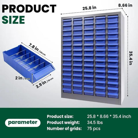 75 Drawer Parts Organizer Cabinet Top Shelf Storage Game Changer For Garage And Home Workshop with size and dimensions displayed.