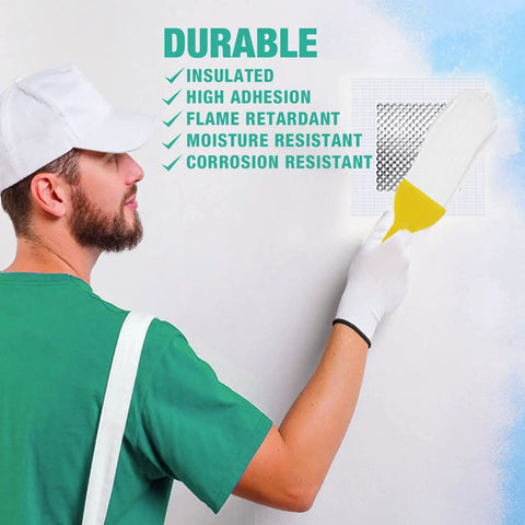 Man applying a DIY Wall Patch Repair Kit With Aluminum Self Adhesive Patches Includes 4x4 6x6 8x8 Patches Sandpaper And Putty Knife